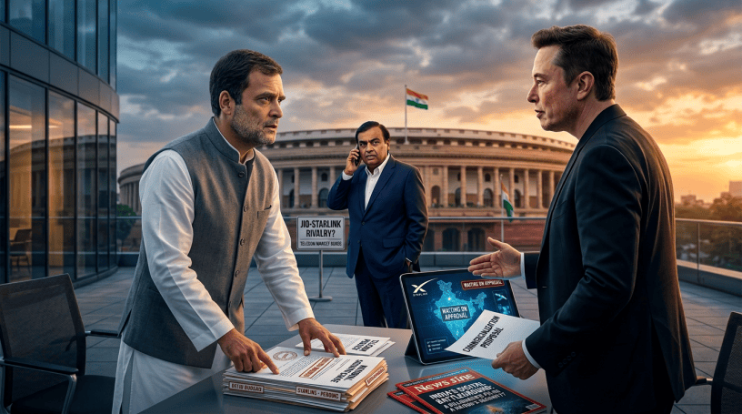 Three men discuss Jio-Starlink approval outside India’s Parliament