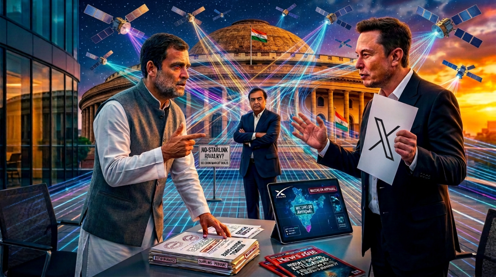 Two men debate satellite internet approval outside India’s Parliament building