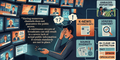 Infographic about reliable news, media screens, fact-checking, source diversity, and unbiased reporting