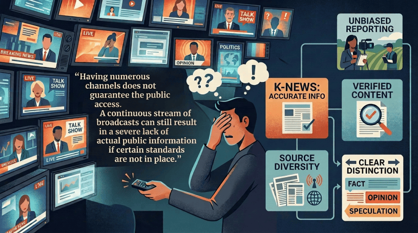 Infographic about reliable news, media screens, fact-checking, source diversity, and unbiased reporting